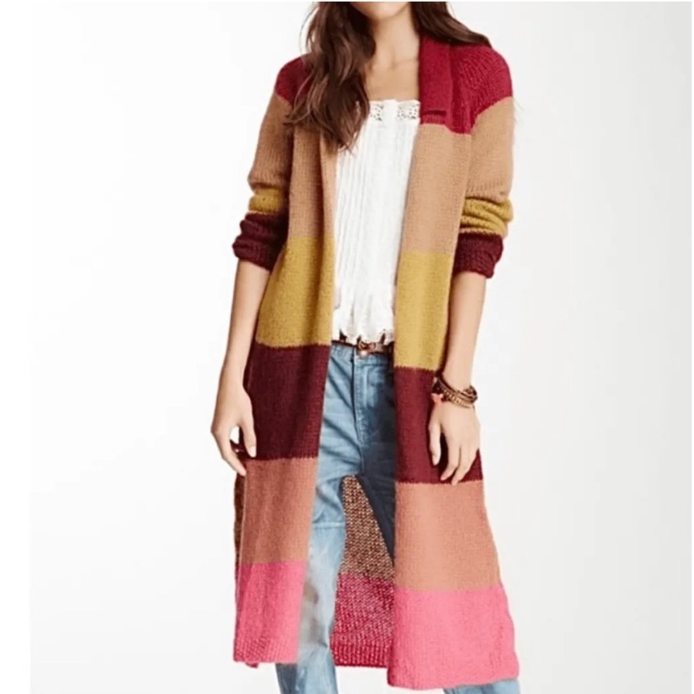 Free People Women Small Over The Rainbow Striped Knit Long Cardigan Sweater